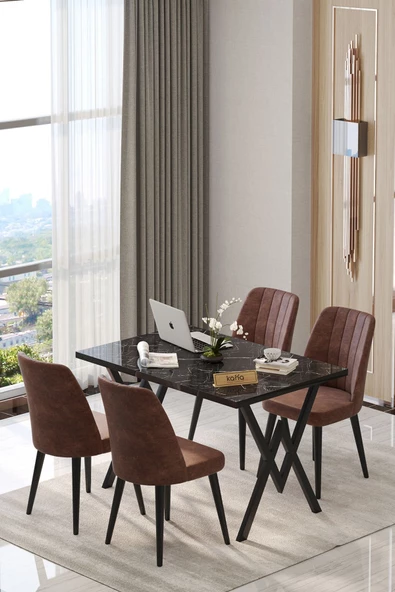 Kaffahome Will Serisi Siyah 70x120 Sabit Masa Sandalye Takımı , Mutfak Masa Takımı 4 Kahverengi Sandalye - 1