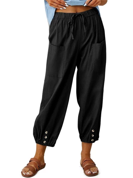 Keten Günlük Pantolon Beli Lastikli Bağcıklı