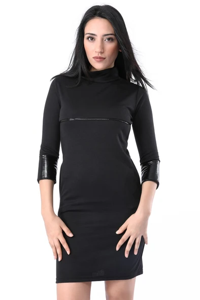 Sezonluk Deri Detaylı Dirsek Kol Kadın Elbise - 2