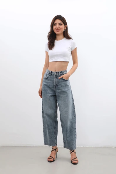 Kadın Yüksek Bel Skater Fit Jean Pantolon Buz Mavisi - Resim 3