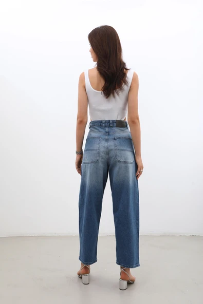 Kadın Yüksek Bel Skater Fit Jean Pantolon Mavi - Resim 4