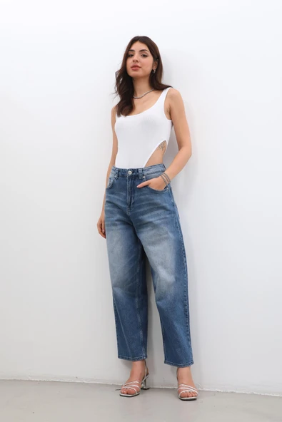 Kadın Yüksek Bel Skater Fit Jean Pantolon Mavi - 5