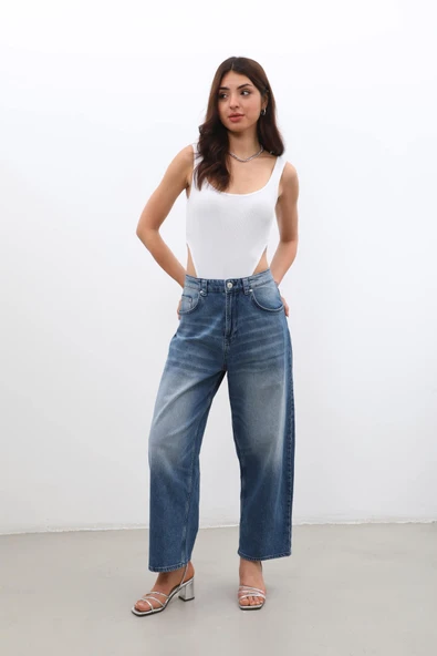 Kadın Yüksek Bel Skater Fit Jean Pantolon Mavi - 3