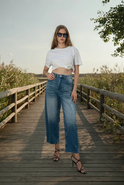 Kadın Yüksek Bel Skater Fit Jean Pantolon Mavi - 4