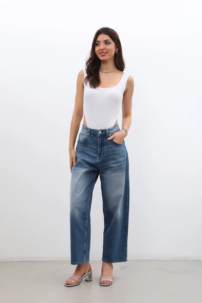 Kadın Yüksek Bel Skater Fit Jean Pantolon Mavi - 8