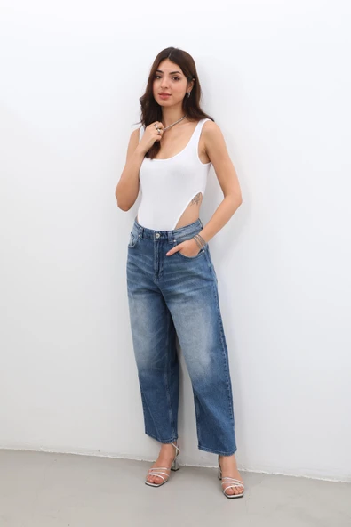 Kadın Yüksek Bel Skater Fit Jean Pantolon Mavi ürün görseli 1