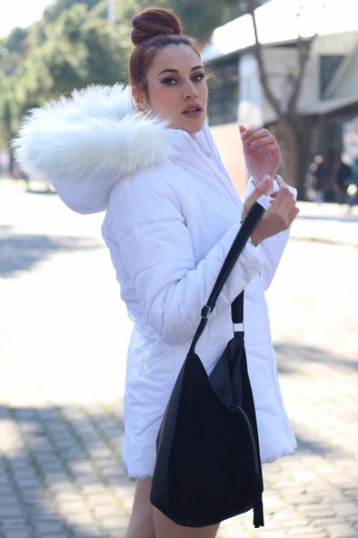 Günlük Kışlık Kapişonu Kürklü Kadın Şişme Mont - 4