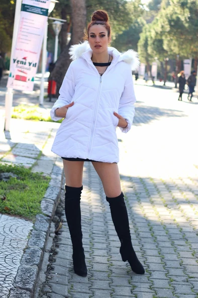 Günlük Kışlık Kapişonu Kürklü Kadın Şişme Mont - 6