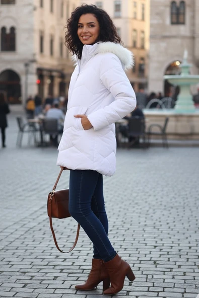 Günlük Kışlık Kapişonu Kürklü Kadın Şişme Beyaz Mont - Resim 2