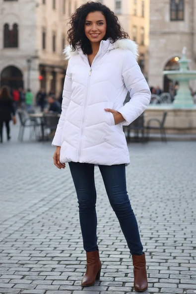 Günlük Kışlık Kapişonu Kürklü Kadın Şişme Beyaz Mont - Resim 3