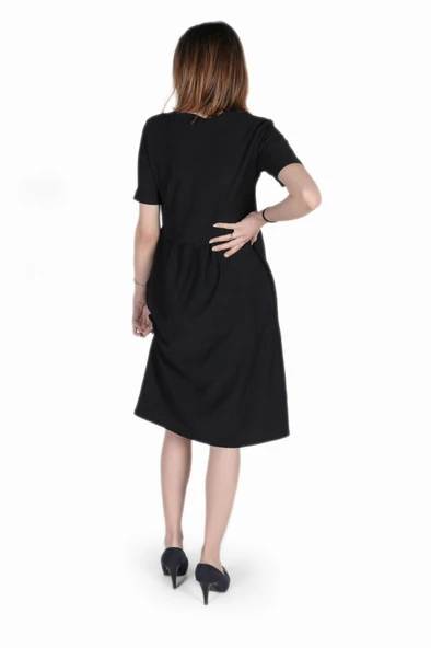 Keten Günlük Yazlık V yaka Kısa Kol Düğme Detaylı Kadın Elbise - 2