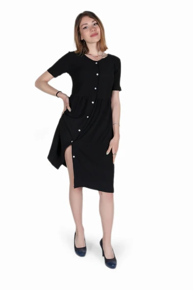 Keten Günlük Yazlık V yaka Kısa Kol Düğme Detaylı Kadın Elbise ürün görseli 1