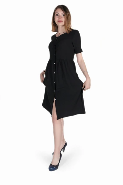 Keten Günlük Yazlık V yaka Kısa Kol Düğme Detaylı Kadın Elbise - 4