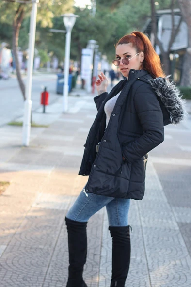 Kışlık Yaka Kürklü Uzun Kadın Şişme Mont - Resim 2