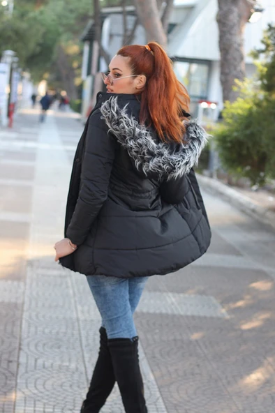 Kışlık Yaka Kürklü Uzun Kadın Şişme Mont - Resim 3