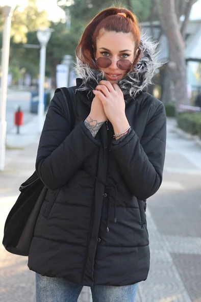 Kışlık Yaka Kürklü Uzun Kadın Şişme Mont - Resim 4