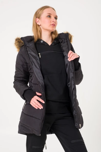 Kışlık Eldivenli Kapüşonu Kürklü Kadın Şişme Mont - Resim 2