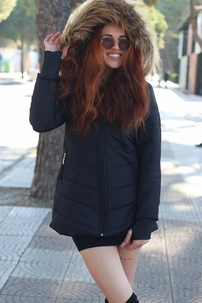 Kışlık Eldivenli Kapüşonu Kürklü Kadın Şişme Mont - Resim 2