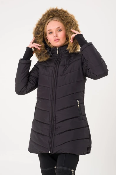 Kışlık Eldivenli Kapüşonu Kürklü Kadın Şişme Mont - Resim 3