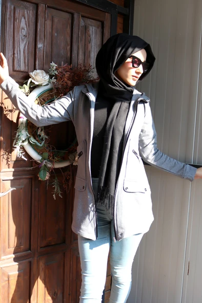 Sezonluk Kapüşonlu Cepli Kadın Uzun Tesettür Ceket - 5