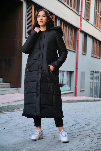Diz Boy Kürk Detaylı Şişme Mont - 3