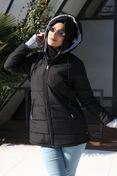 Kışlık Kapüşonlu Uzun Kadın Şişme Tesettür Mont - Resim 3