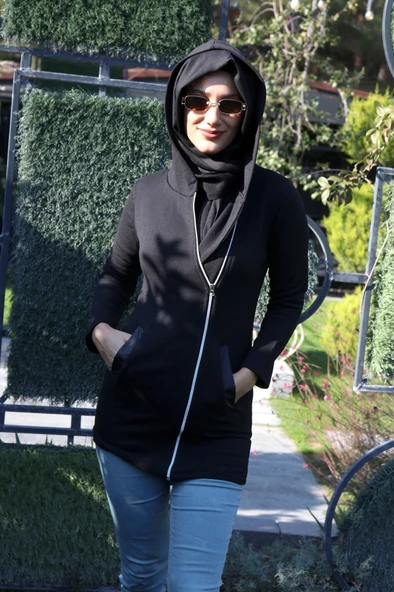 Günlük Fermuarlı Kapüşonlu Şık Kadın Tesettür Ceket