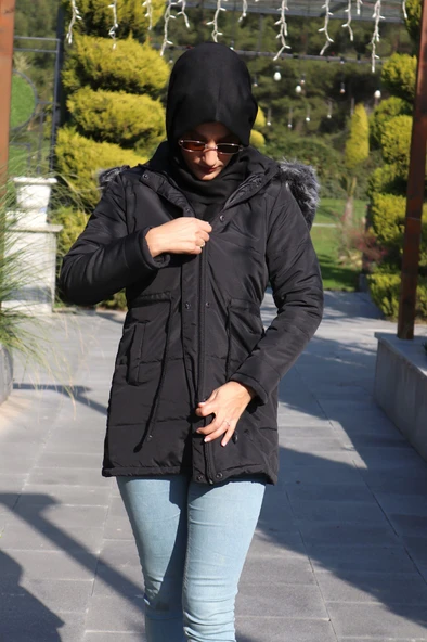 Kışlık Yaka Kürklü Uzun Kadın Şişme Tesettür Mont - 3