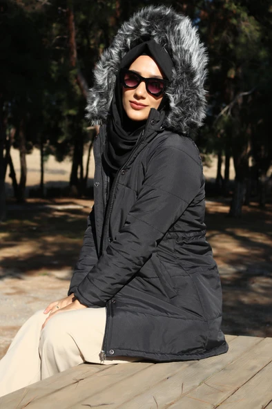 Kışlık Yaka Kürklü Uzun Kadın Şişme Tesettür Mont