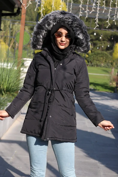 Kışlık Yaka Kürklü Uzun Kadın Şişme Tesettür Mont - 4