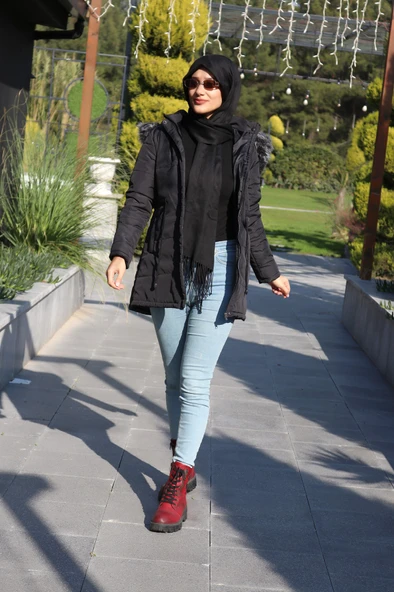 Kışlık Yaka Kürklü Uzun Kadın Şişme Tesettür Mont - 2