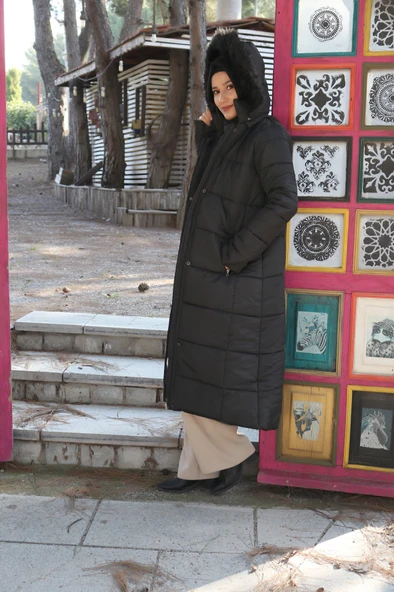 Diz Boy Kürk Detaylı Şişme Tesettür Mont - Resim 2