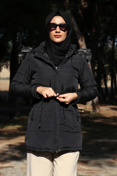 Kışlık Yaka Kürklü Uzun Kadın Şişme Tesettür Mont - 8