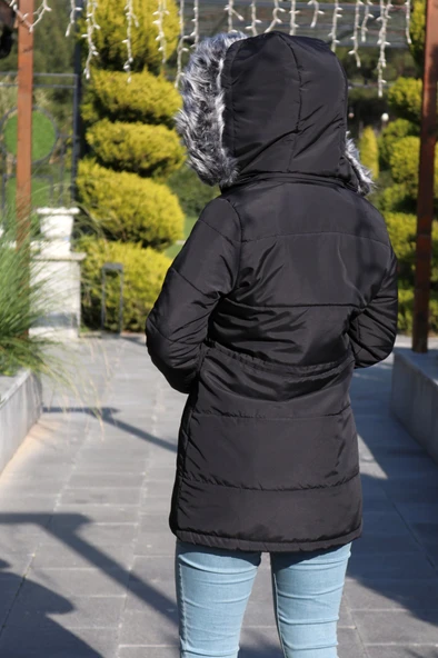 Kışlık Yaka Kürklü Uzun Kadın Şişme Tesettür Mont - 5