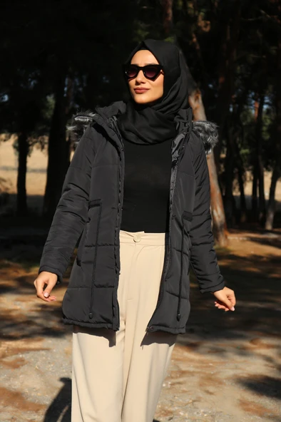 Kışlık Yaka Kürklü Uzun Kadın Şişme Tesettür Mont - 7