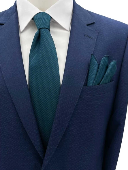 Brianze Yeşil Lacivert Desenli Kravat Mendil Set ürün görseli 1