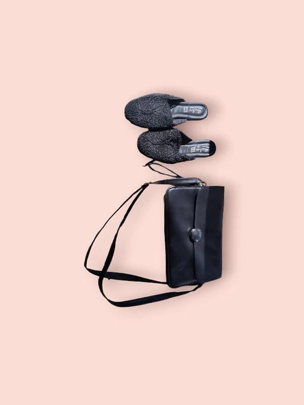 Siyah Örgü Kadın Terlik ve Omuz çantası set ürün görseli