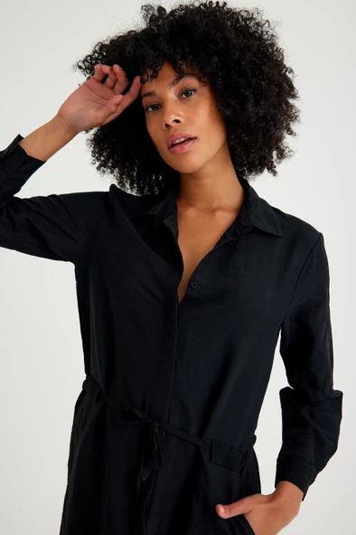 Keten Günlük Rahat Beli Bağcık Detaylı Uzun Kol Elbise - 6