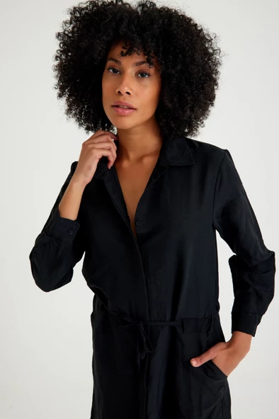 Keten Günlük Rahat Beli Bağcık Detaylı Uzun Kol Elbise - 7