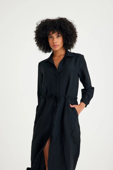 Keten Günlük Rahat Beli Bağcık Detaylı Uzun Kol Elbise - 3