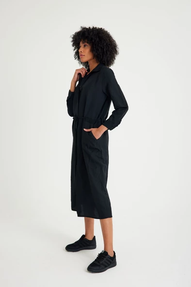 Keten Günlük Rahat Beli Bağcık Detaylı Uzun Kol Elbise - 2