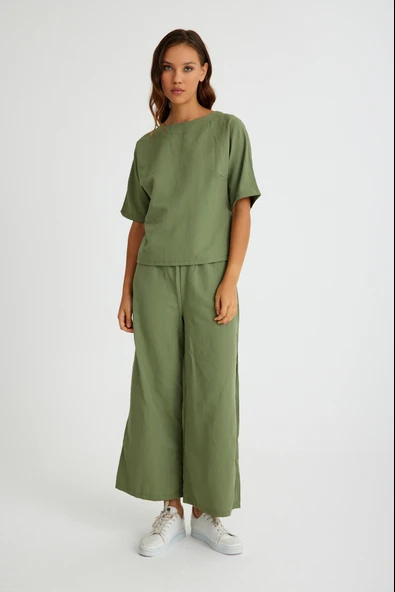 Keten Günlük Rahat Beli Lastikli Kadın İkili Takım Alt Üst ürün görseli 1