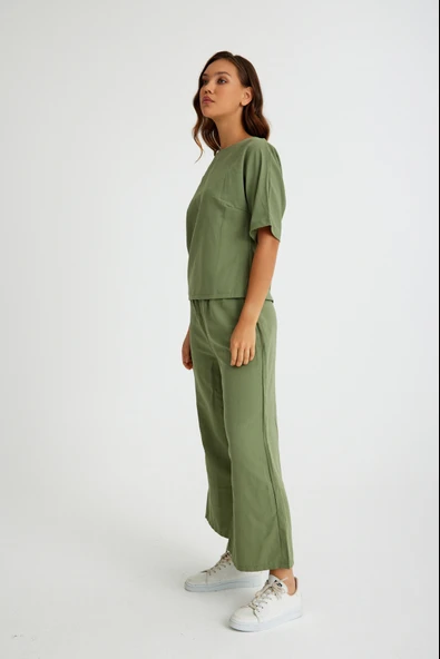 Keten Günlük Rahat Beli Lastikli Kadın İkili Takım Alt Üst - Resim 10