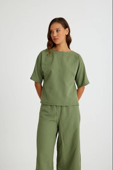 Keten Günlük Rahat Beli Lastikli Kadın İkili Takım Alt Üst - Resim 3