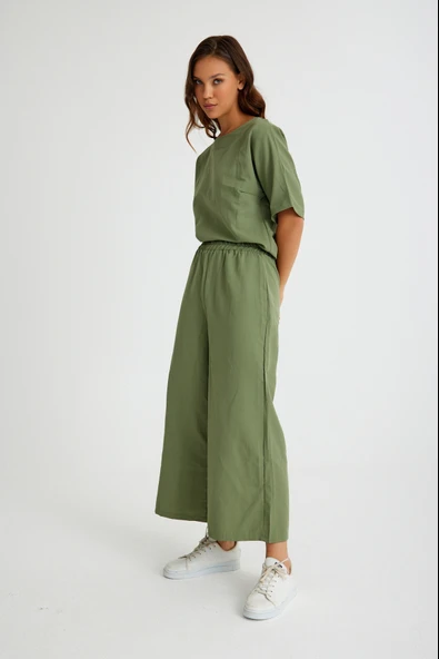 Keten Günlük Rahat Beli Lastikli Kadın İkili Takım Alt Üst - Resim 11