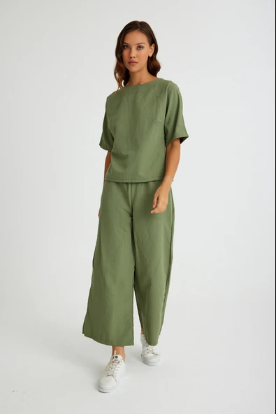 Keten Günlük Rahat Beli Lastikli Kadın İkili Takım Alt Üst - Resim 2