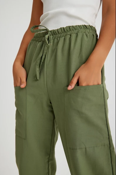 Keten Günlük Pantolon Beli Lastikli Bağcıklı - 5