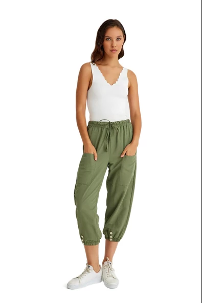 Keten Günlük Pantolon Beli Lastikli Bağcıklı - 1