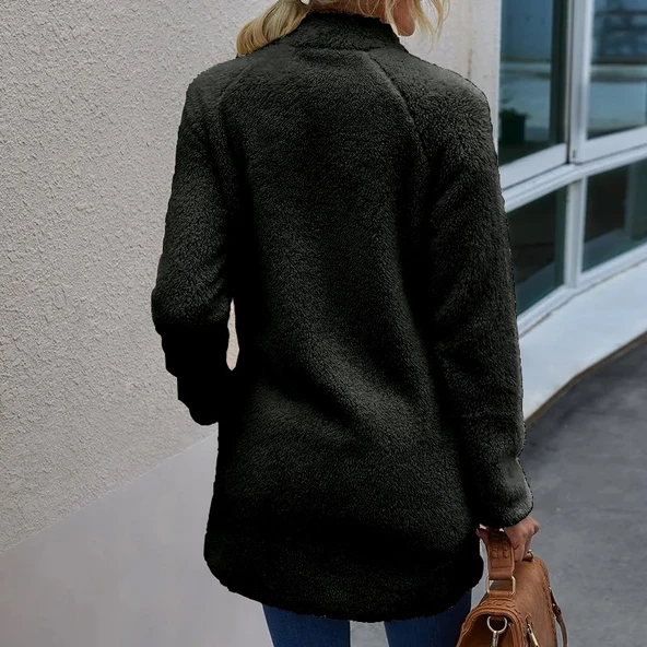 Peluş Uzun Kollu Kışlık Kadın Fermuarlı Astarlı Tüylü Ceket - 2