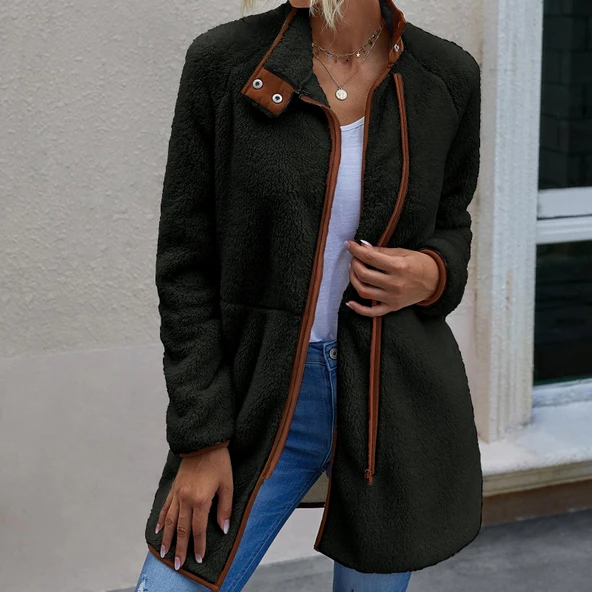 Peluş Uzun Kollu Kışlık Kadın Fermuarlı Astarlı Tüylü Ceket ürün görseli 1